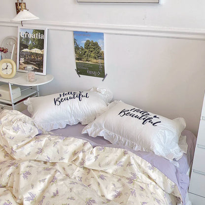 Pure cotton ruffle leaf edge pillowcase, a single pillowcase, solid color white princess style pink Korean fungus lace.