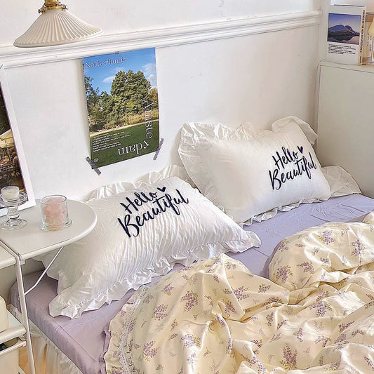 Pure cotton ruffle leaf edge pillowcase, a single pillowcase, solid color white princess style pink Korean fungus lace.