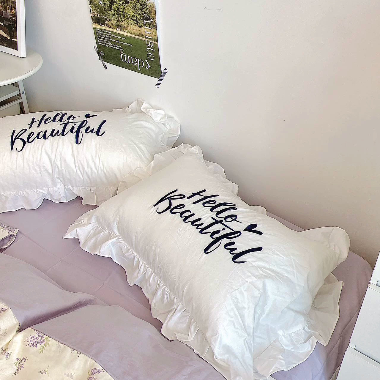 Pure cotton ruffle leaf edge pillowcase, a single pillowcase, solid color white princess style pink Korean fungus lace.
