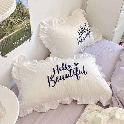 Pure cotton ruffle leaf edge pillowcase, a single pillowcase, solid color white princess style pink Korean fungus lace.