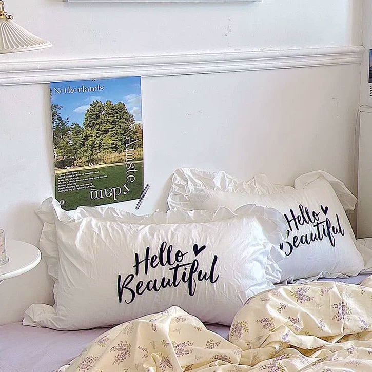 Pure cotton ruffle leaf edge pillowcase, a single pillowcase, solid color white princess style pink Korean fungus lace.
